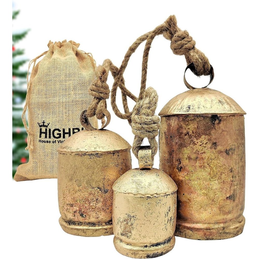 3 Giant Rustic Harmony Huge Handmade Lucky Christmas Hanging Cow Bells On Rop